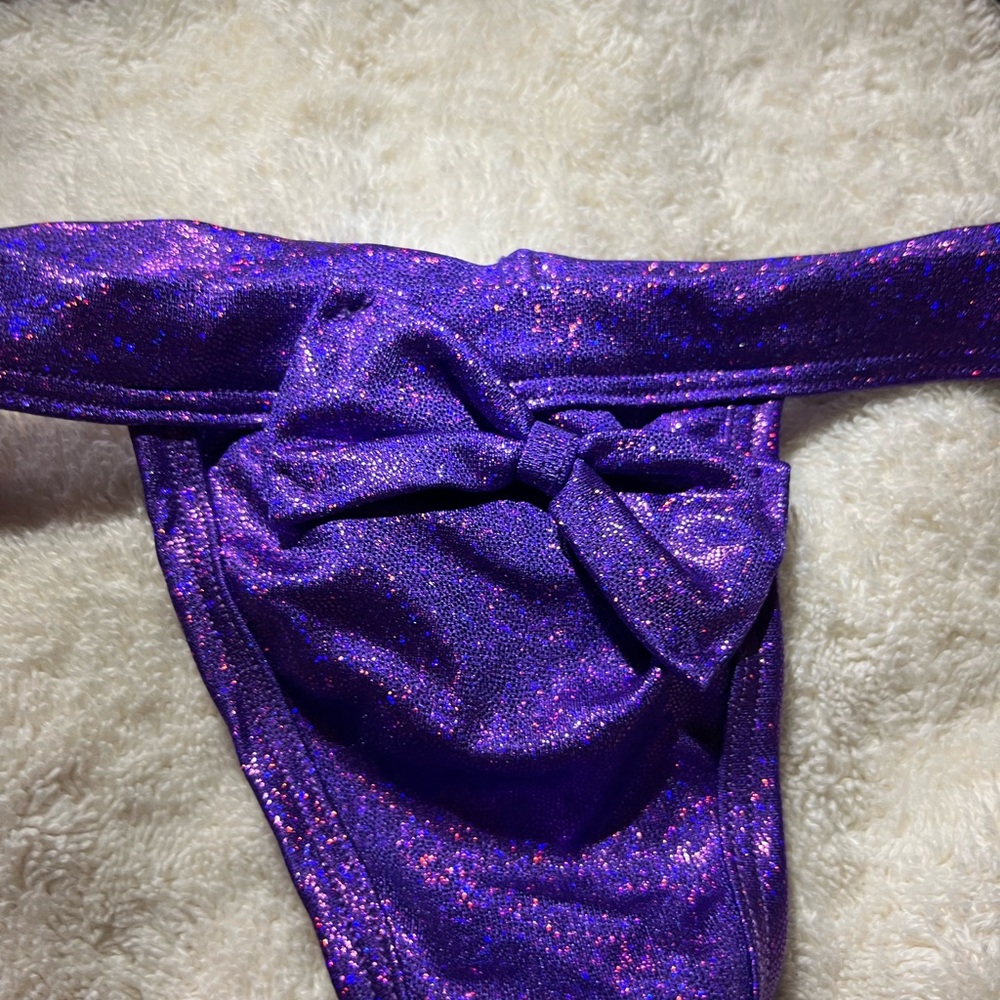 Purple Shimmer Triangle Bikini Set With Matching Thong With Bow - Picture 3 of 5
